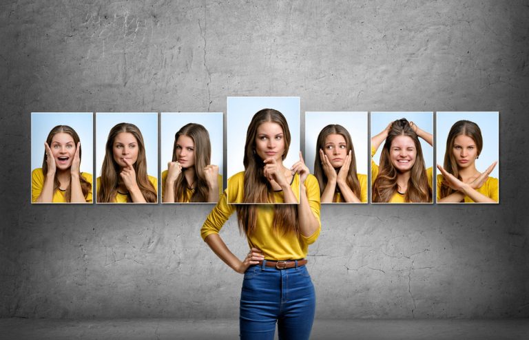 Multiple images of a woman depicting her many personalities, implying shes a "two face"