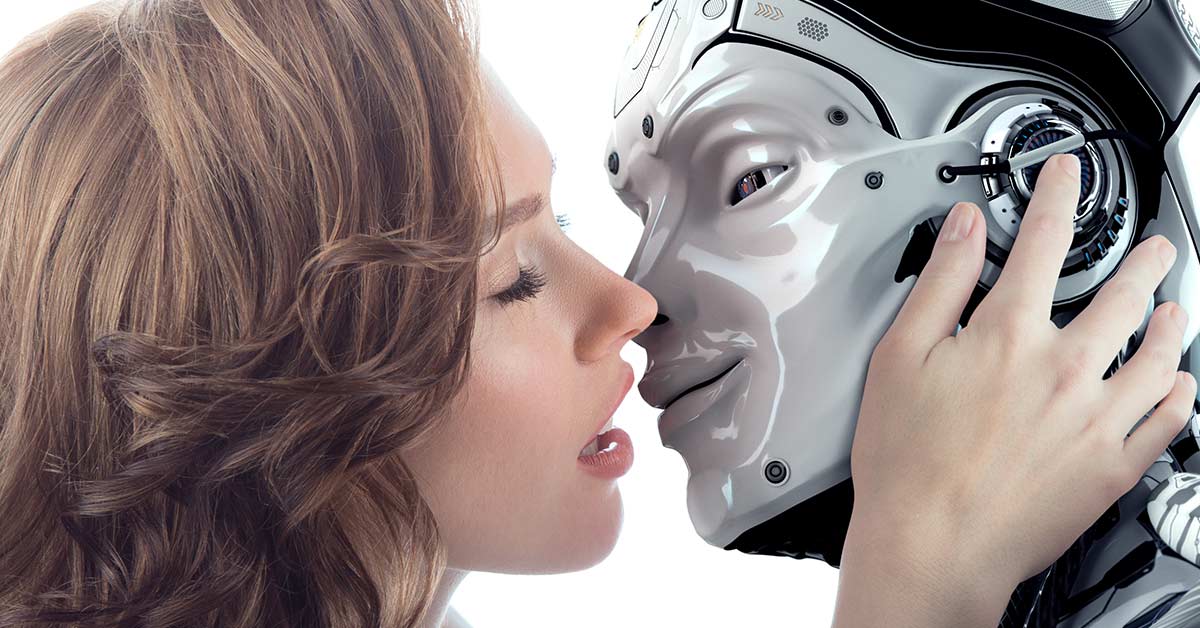 woman kissing sex robot