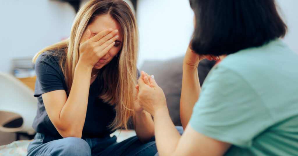 Sad Adult Woman Talking with Her Empath Mother. Upset daughter feeling heartbroken receiving emotional support
