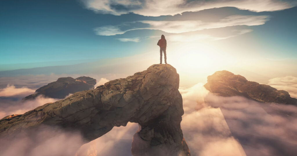 Traveler with a backpack standing on a mountain peak above clouds. this is a 3d render illustration
