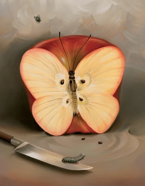 Illusions of a butterfly and apple.