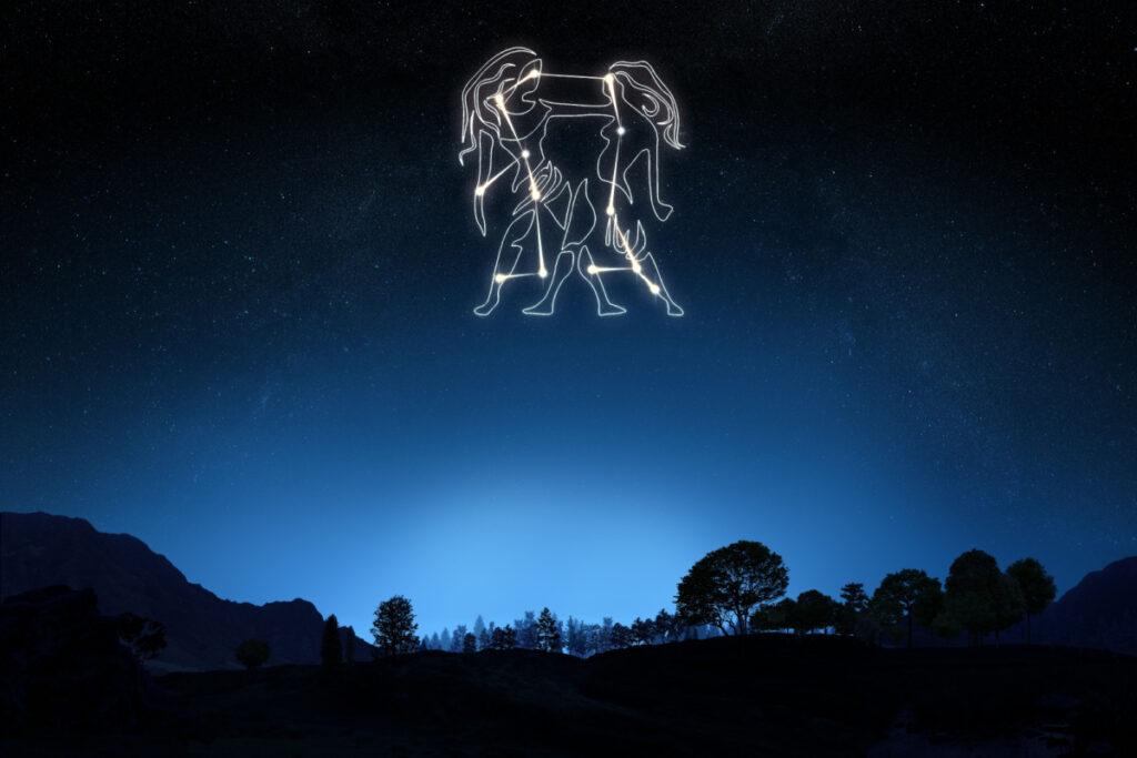 Zodiac Sign Gemini with a star and symbol outline on a gradient sky background 