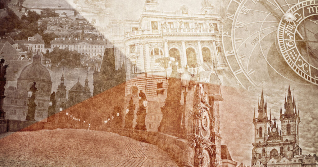 montage photo of Prag on vintage paper
