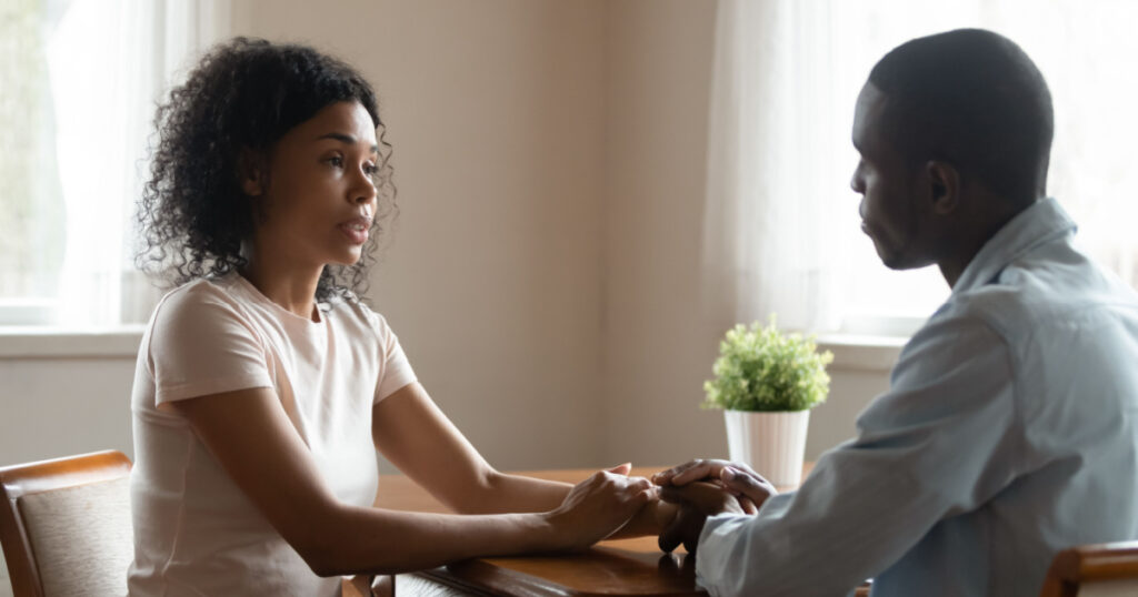 woman and man talking