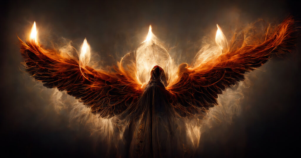 Fallen angel of death. Lucifer with glowing fire wings
