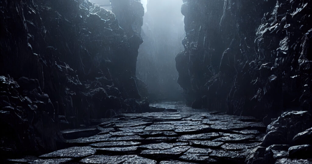 Dark vale with black rocks. Tunnel and afterlife concept art in cgi.
