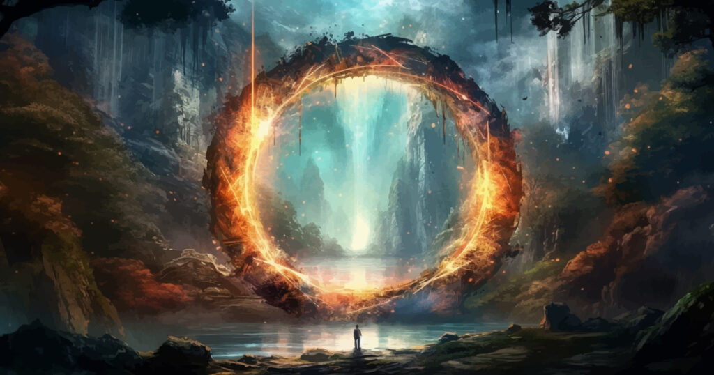 Magical majestic portal in the shape of a circle in Mystical dark forest. Magic lights. Gateway to another realm. Wonders.