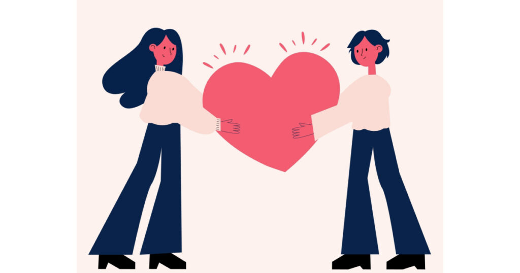 Couple holding heart - happy relationship concept. Flat vector illustration
