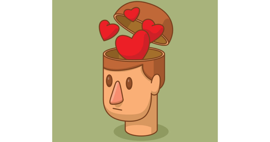 Vector cartoon image of the head of a man with brown hair and with an open braincase from which appears the red hearts symbols on a green background. Love, feelings. Vector illustration.
