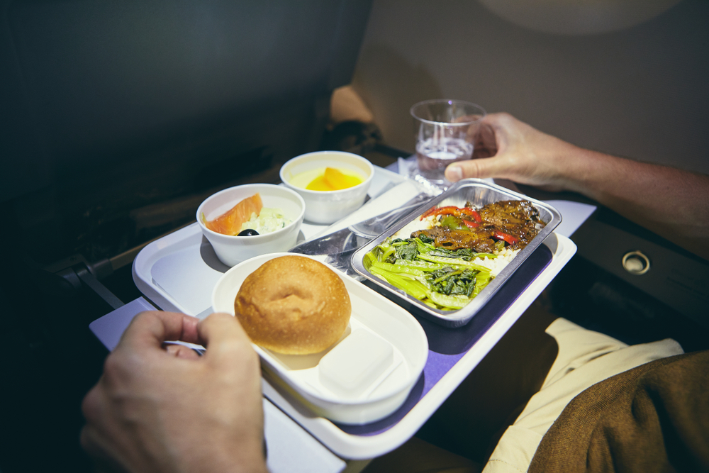 in-flight meal on tray on plane