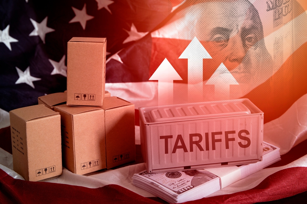 US tariff rate rising , trade policy , business graph and dollars banknote , tax calculation change