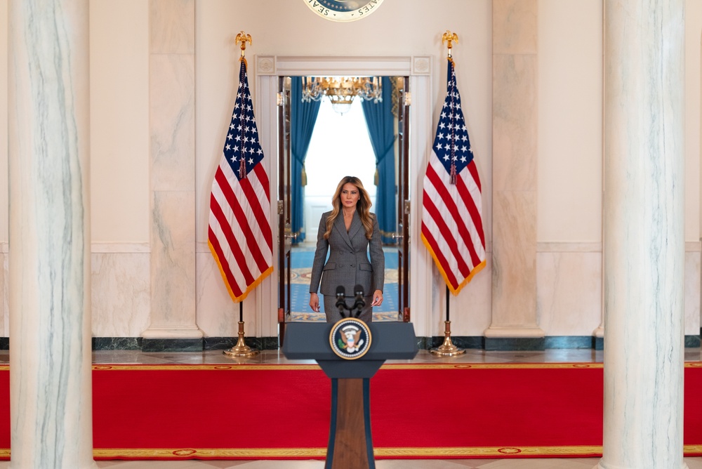 First Lady Melania Trump makes an announcement in the Grand Foyer of the White House, Thursday, April 9, 2026.