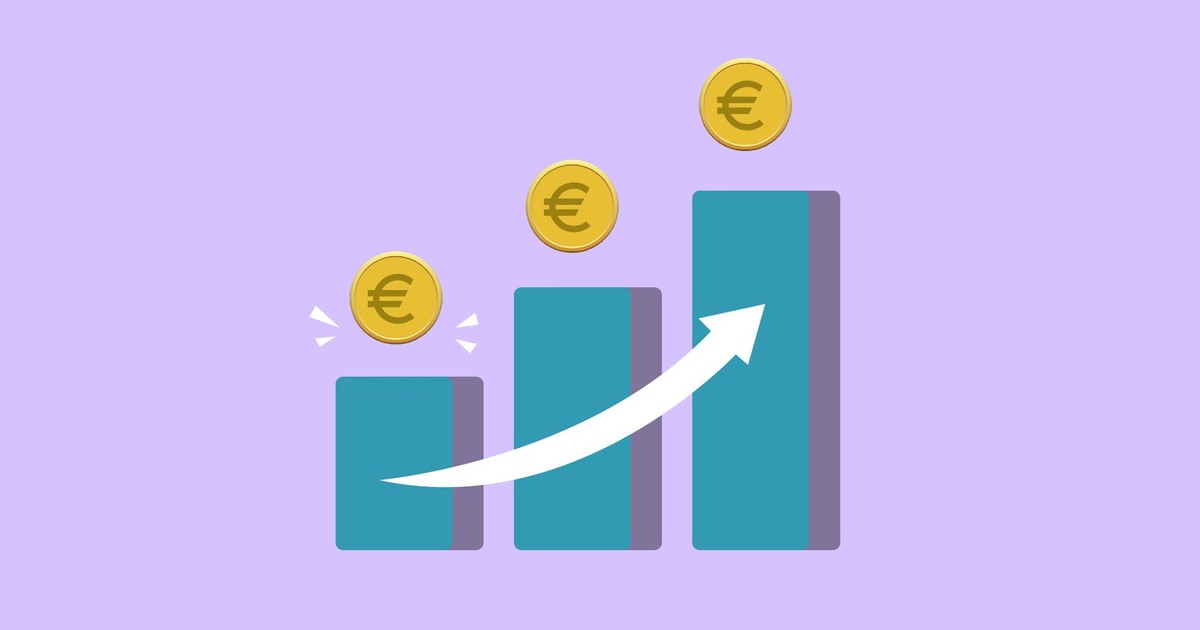 Vector illustration of income growth chart with arrow and euro coins against purple background