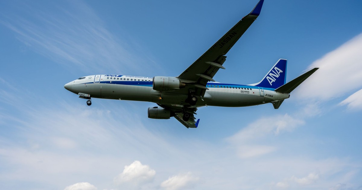 A commercial airliner from ANA flying in a clear blue sky with light clouds.