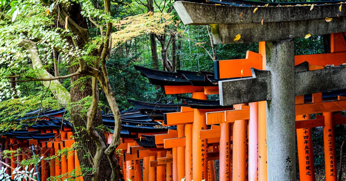 Captivating Torii gate path at Fushimi Inari Taisha, Kyoto, surrounded by lush greenery.