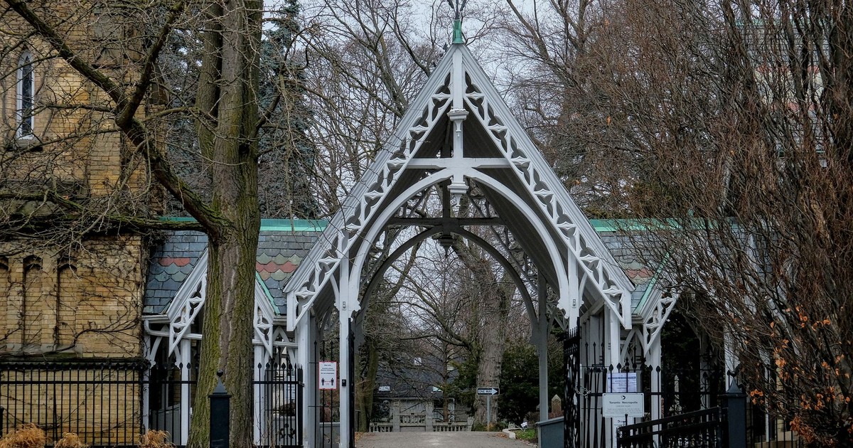 Ornate Gothic-style entrance gate at St. James Cathedral in Toronto, showcasing architectural elegance.