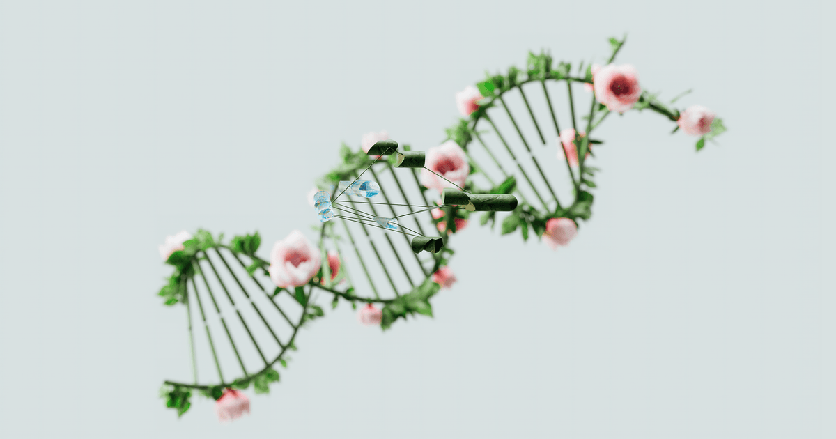 A conceptual representation of a DNA helix adorned with pink flowers and green leaves.