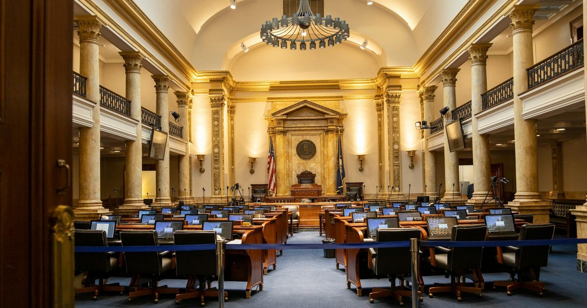 A grand government chamber with elegant columns and seating. Perfect for politics or architecture themes.