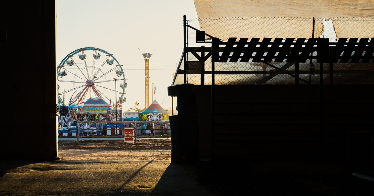 A captivating view of a ferris wheel and fairground rides seen through a silhouette at sunset in Boise, Idaho.