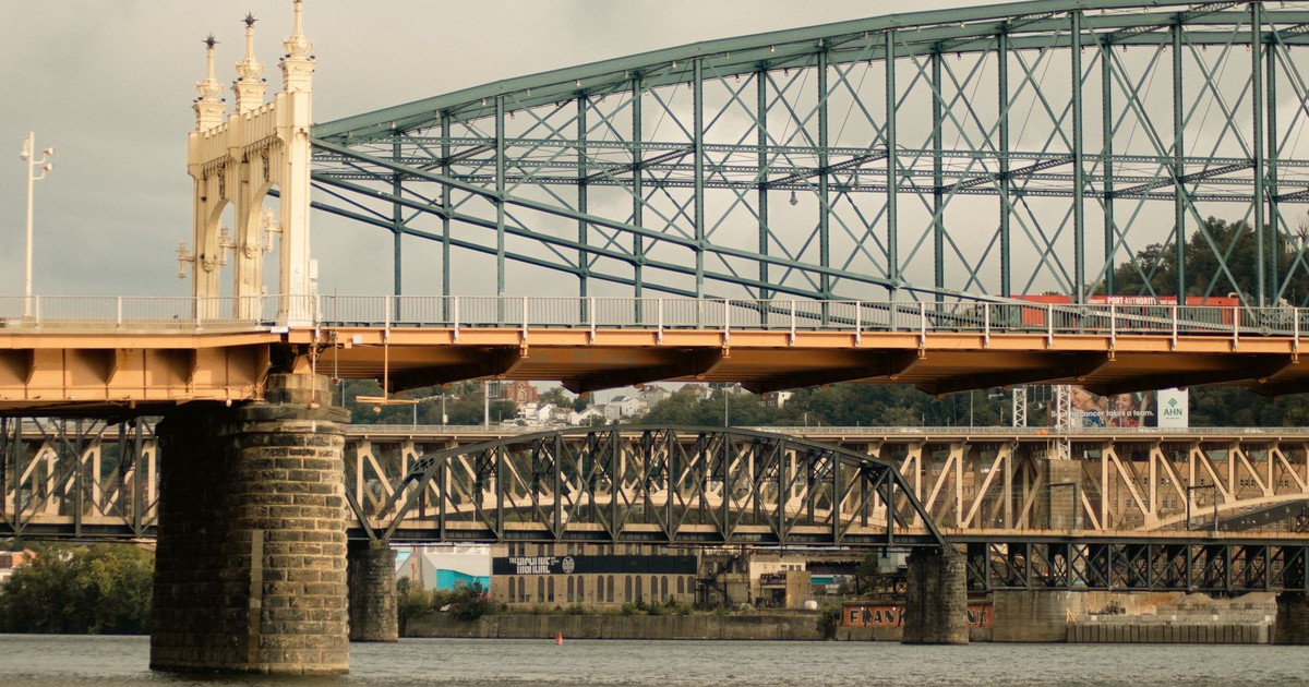 A view of multiple steel bridges crossing a river in Pittsburgh, showcasing urban infrastructure.