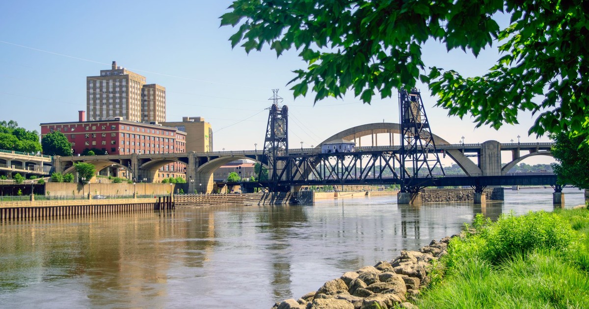 A scenic view of a train bridge over the Mississippi River in Saint Paul, Minnesota.