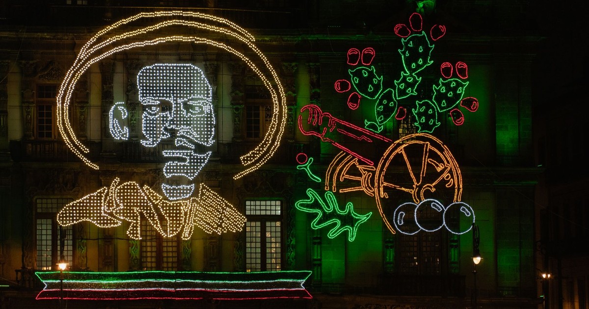 Vivid LED displays celebrating Mexico's Independence Day in Zocalo, Mexico City.