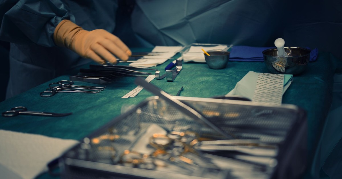 Close-up of surgical instruments prepared for surgery in a hospital operating room.
