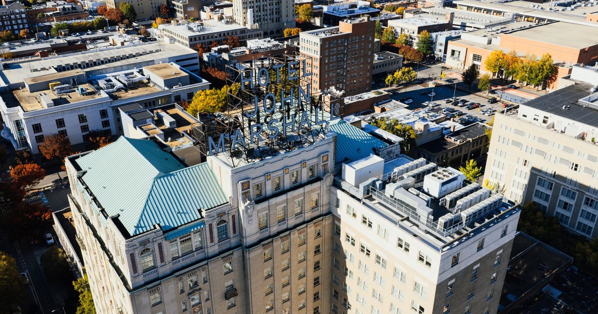 Aerial view of Hotel John Marshall in downtown Richmond, Virginia.