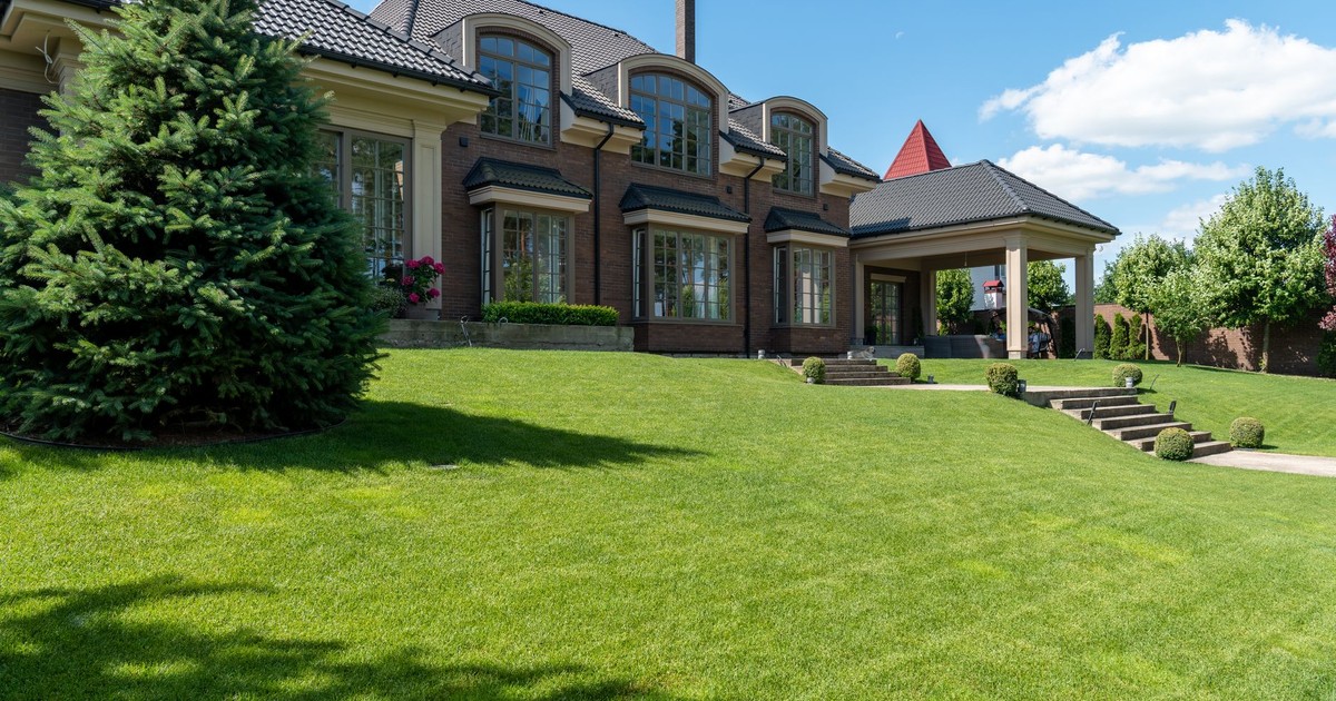Luxury estate with manicured lawn and modern architectural design on a sunny day.