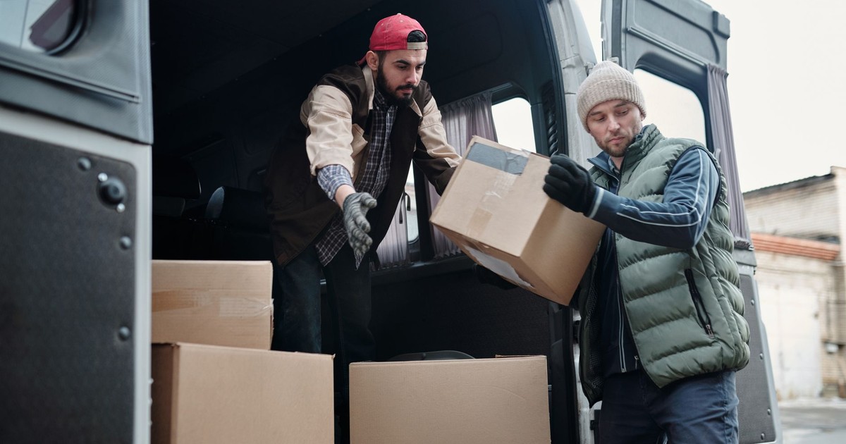 Two delivery workers unload cardboard boxes from a van, showcasing teamwork and logistics.