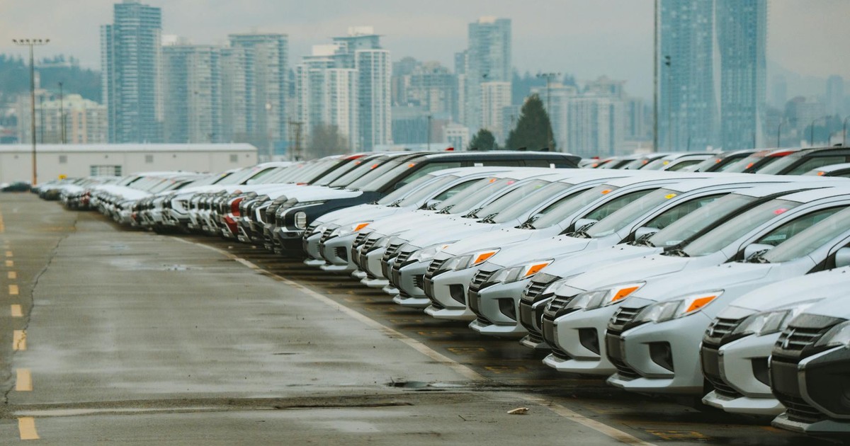White cars lined up in a parking lot with a city skyline backdrop.