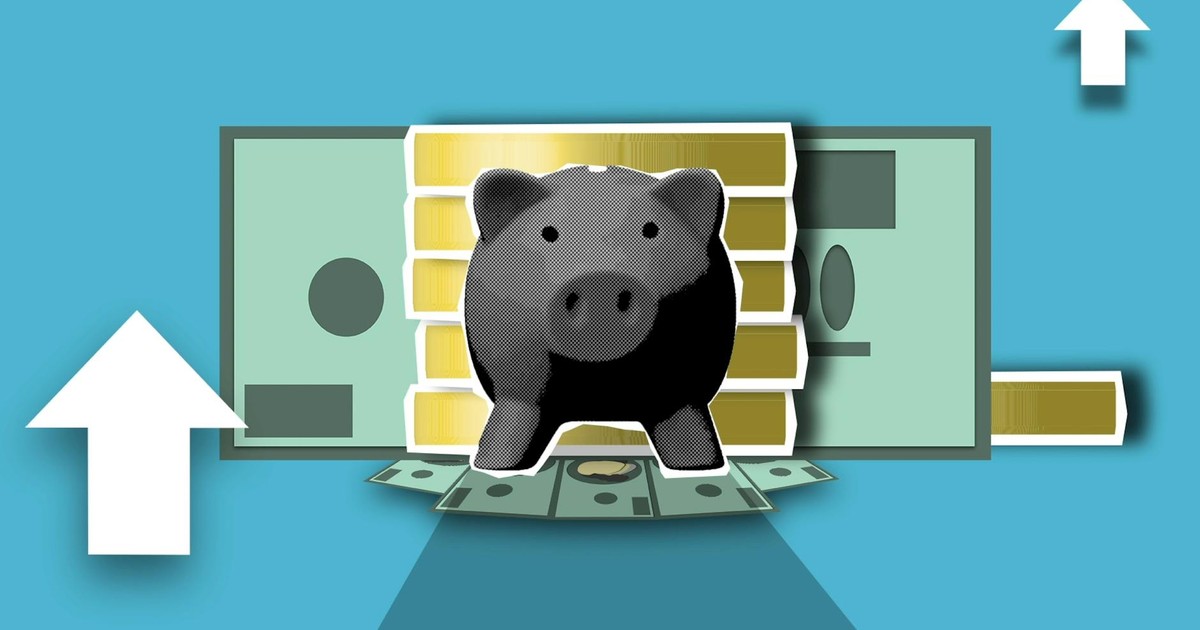 Cutout paper composition of piggy bank with banknotes and pile of coins on blue background