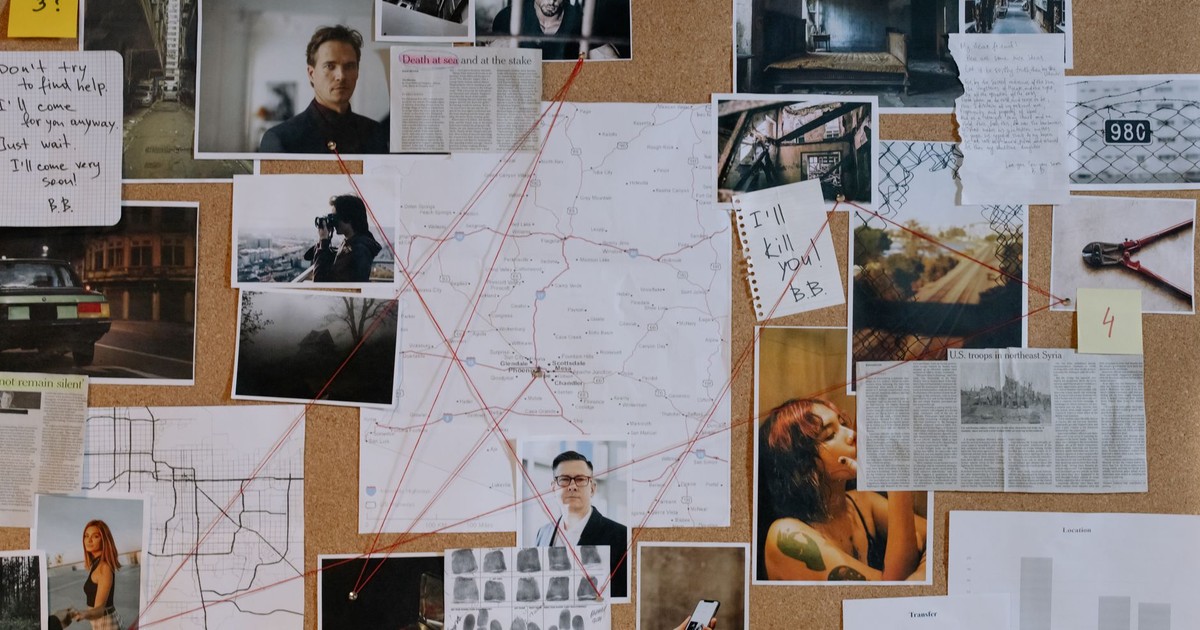 A detailed crime investigation board filled with photos, maps, and red strings connecting clues and evidence.