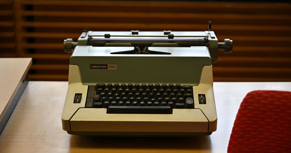 Classic robotron 202 typewriter on a wooden desk in Berlin. Perfect for retro and vintage themes.