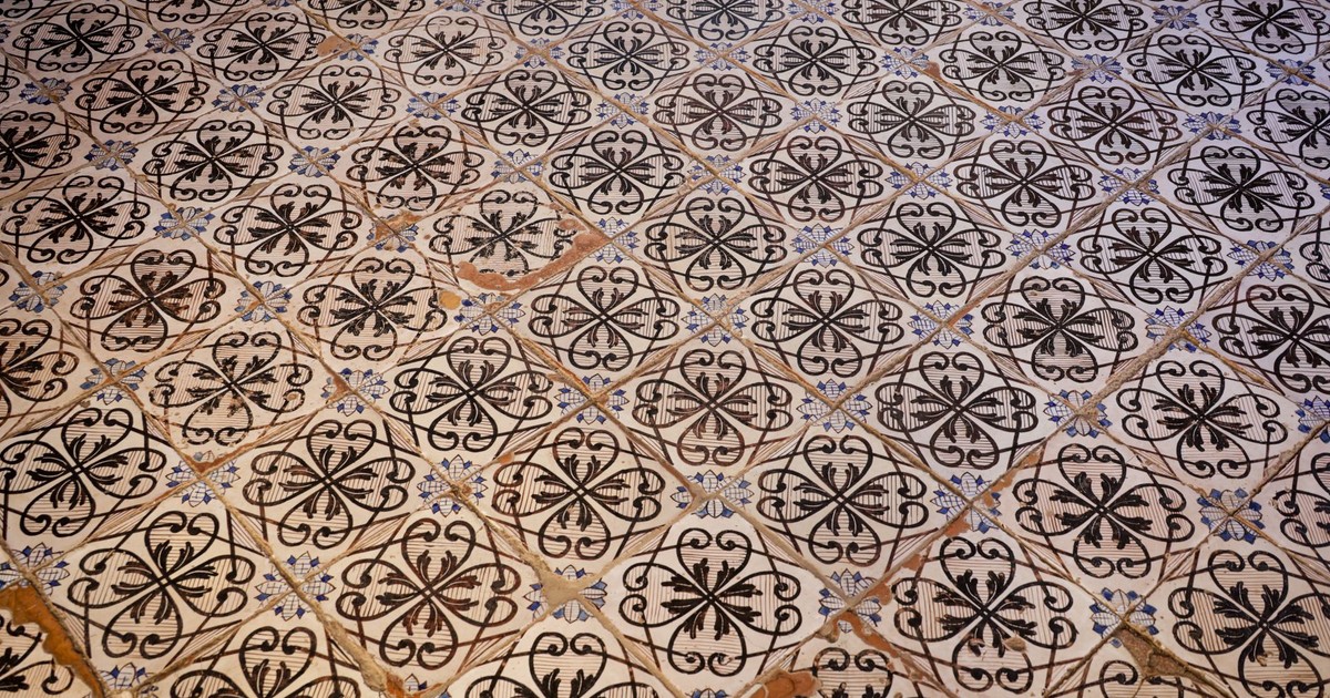 Ornate vintage tiles with intricate black floral designs indoors.