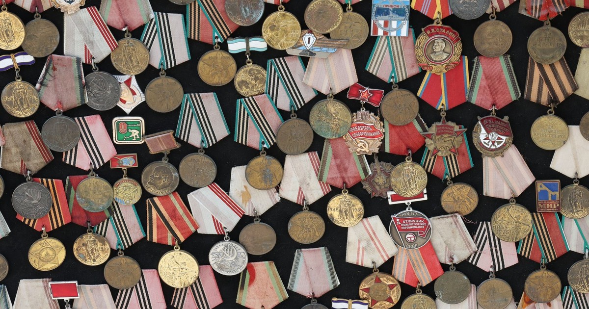 Assortment of Soviet military medals with vibrant ribbons.
