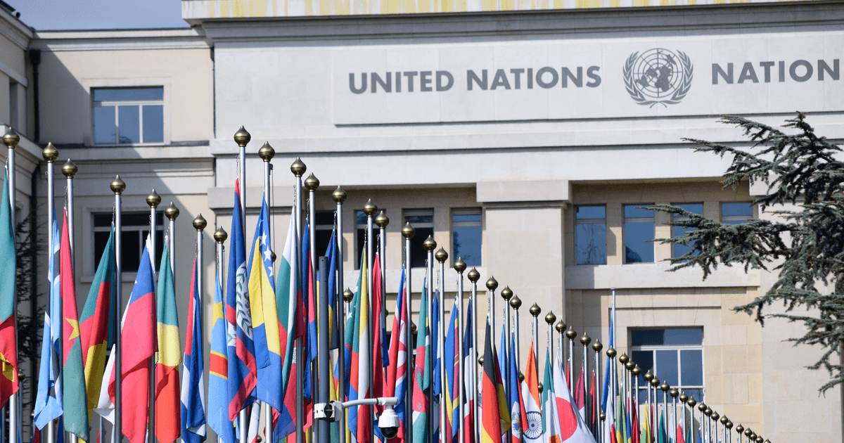 Colorful flags outside the United Nations office in Geneva, symbolizing global unity.
