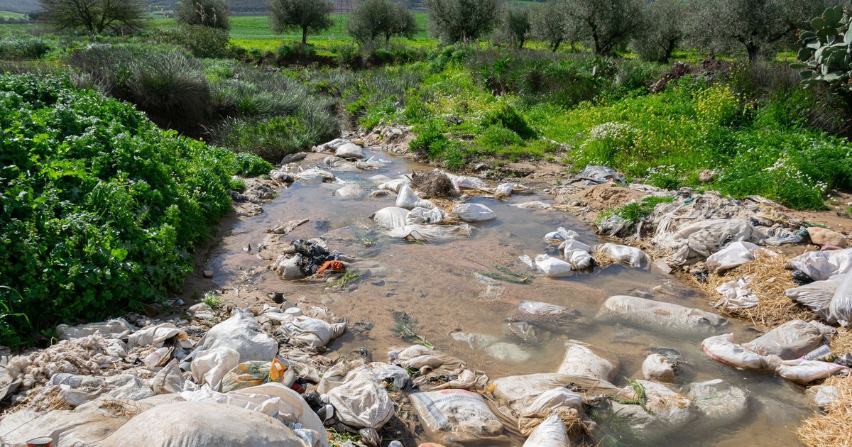 Plastic waste polluting a scenic field in Jendouba, Tunisia under a bright sky.