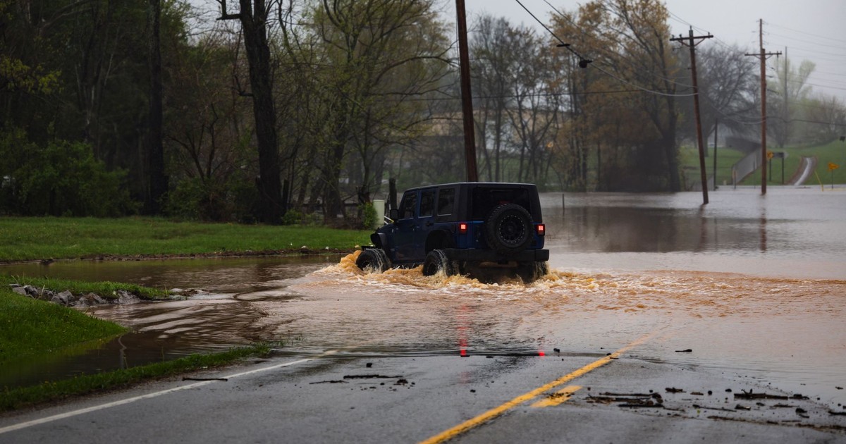 A jeep traverses a flooded road surrounded by trees, showcasing a challenging weather condition.