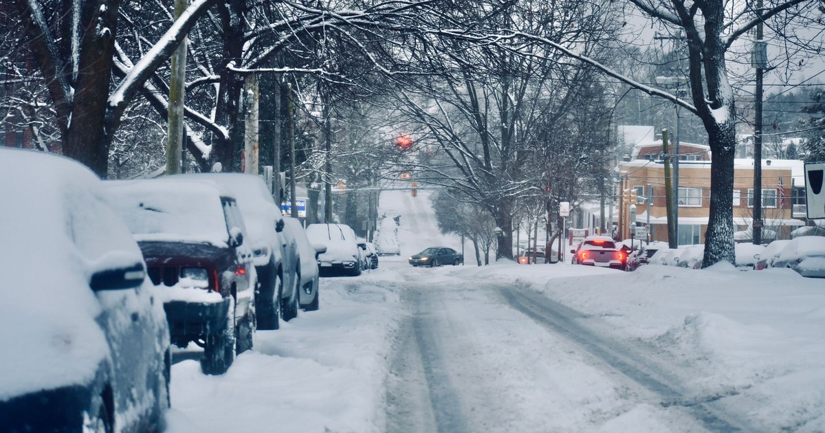 Snow-covered street lined with parked cars and leafless trees, depicting a serene winter cityscape.
