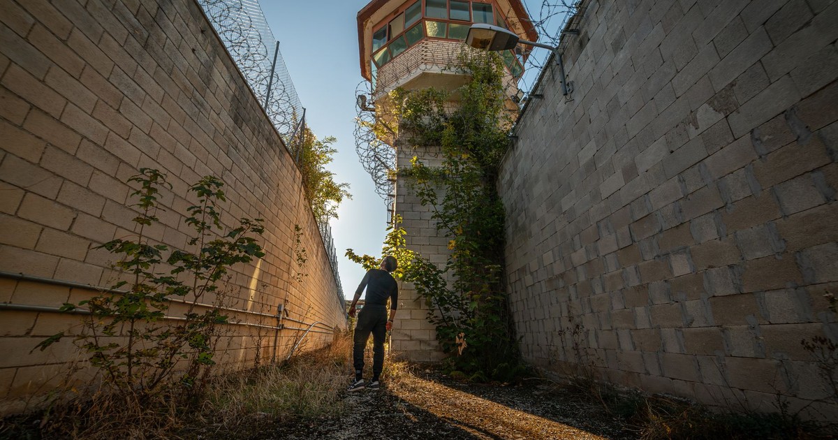 A lone man explores overgrown prison courtyard under bright light.