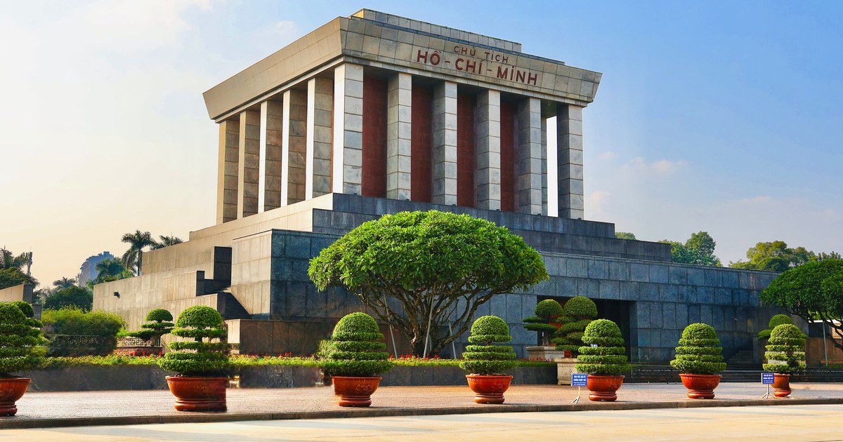 The iconic Ho Chi Minh Mausoleum in Hanoi, showcasing its grand architectural style.