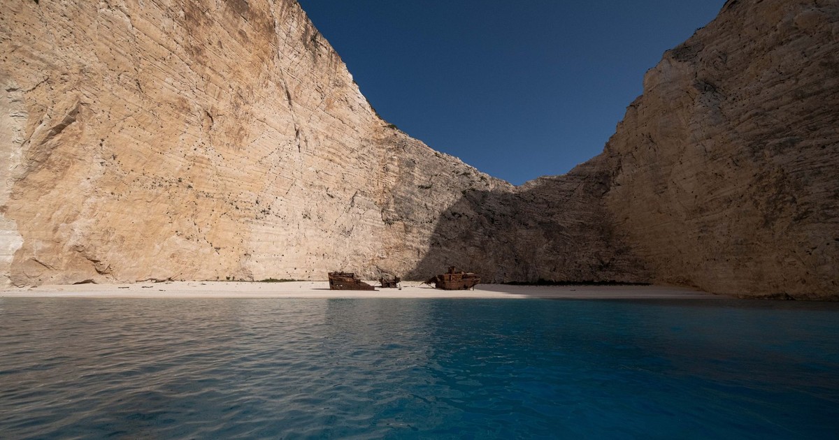 Stunning view of Navagio Beach with its famous shipwreck and turquoise waters in Greece.