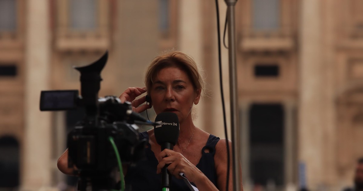 Journalist reporting live from Vatican City, capturing the essence of urban broadcast journalism.