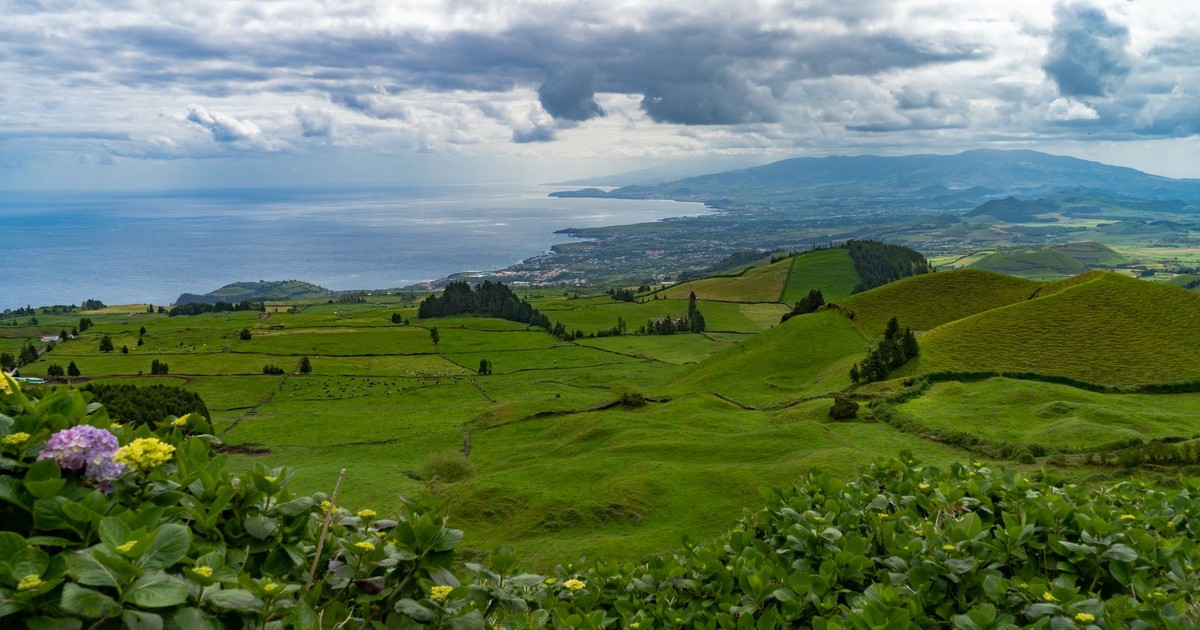 Vibrant green landscape with ocean view under a dramatic cloudy sky.