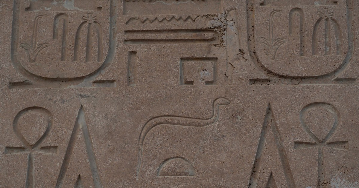 Close-up of ancient Egyptian hieroglyphs carved on a sandstone wall, showing iconic symbols and inscriptions.