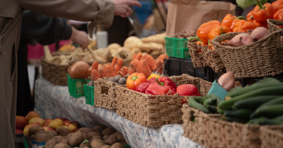 Fresh vegetables on display at a bustling Toronto farmers market, highlighting vibrant colors and local produce.