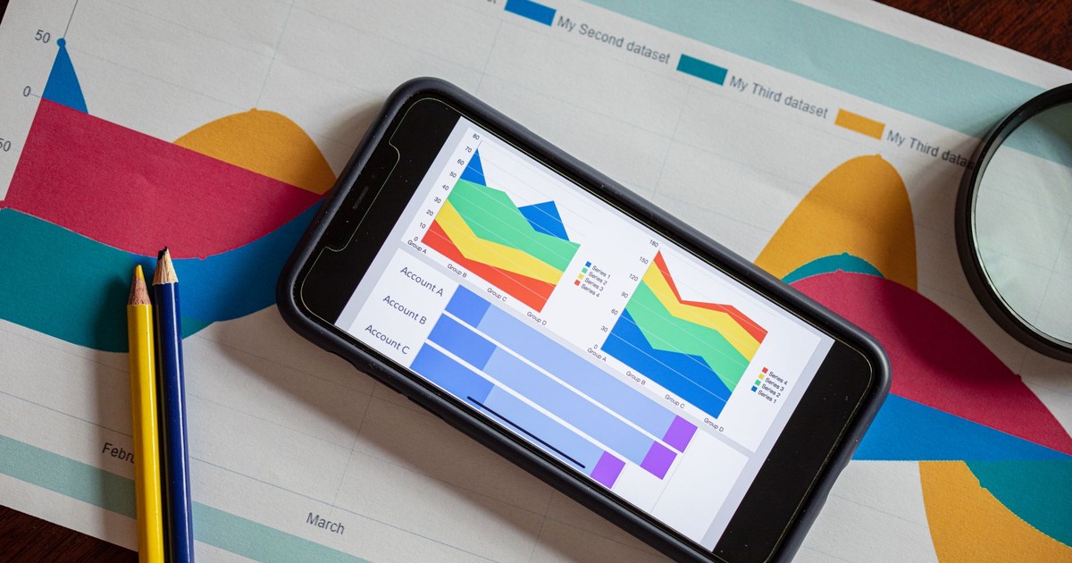 Overhead view of a smartphone displaying colorful charts on paper graphs, symbolizing mobile data analysis.