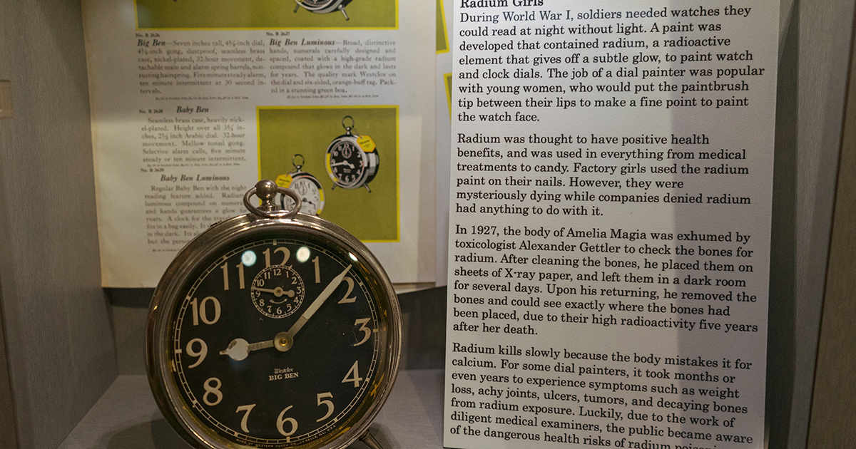 Pigeon Forge, Tennessee, USA - December 18 2025: Exhibit about radium girls during World War I inside the Alcatraz East Crime Museum