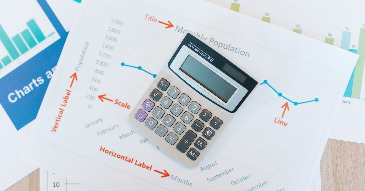 Calculator placed on financial graphs and reports showcasing data analysis and business documentation.